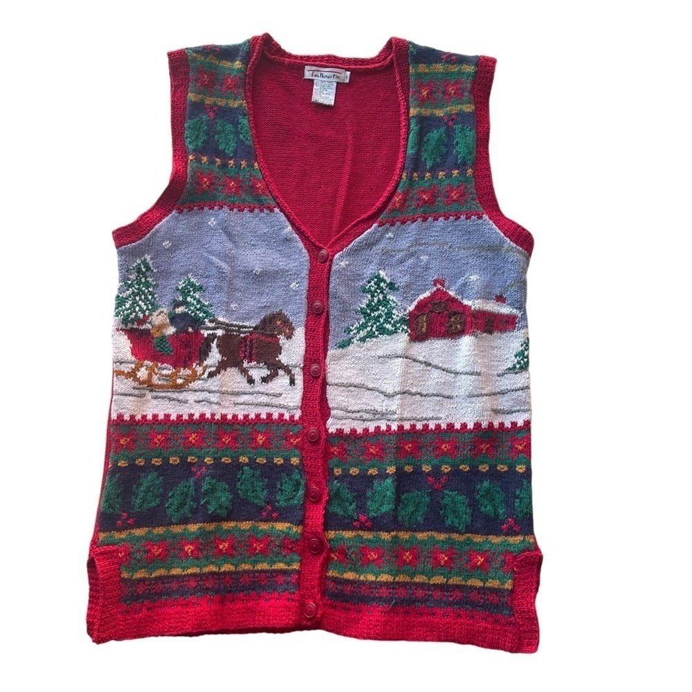 Talbots Christmas Sweater Knit Vest Red Green Size Medium Winter Holiday Novelty - Picture 8 of 10